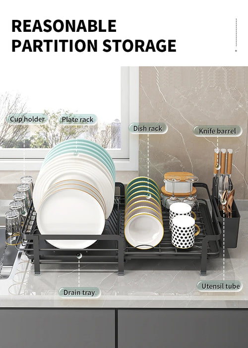 Expandable Dish Drainer with Drainboard — Rustproof Counter Organiser (Black, White, Pink)