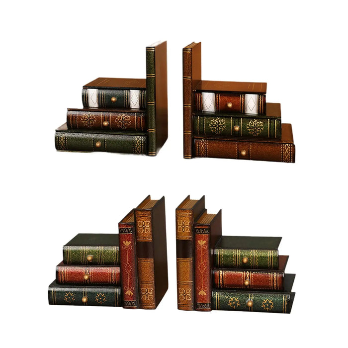 European-Style Faux Book Bookends with Drawers — Wooden Pair