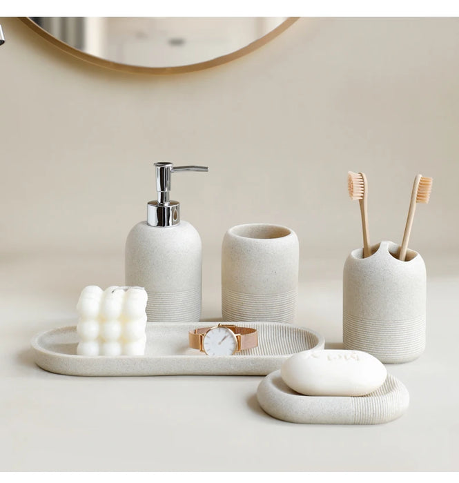 5-Piece Bathroom Accessory Set — Lotion Dispenser, Toothbrush Holder, Tumbler, Soap Dish & Tray (Beige or Grey)