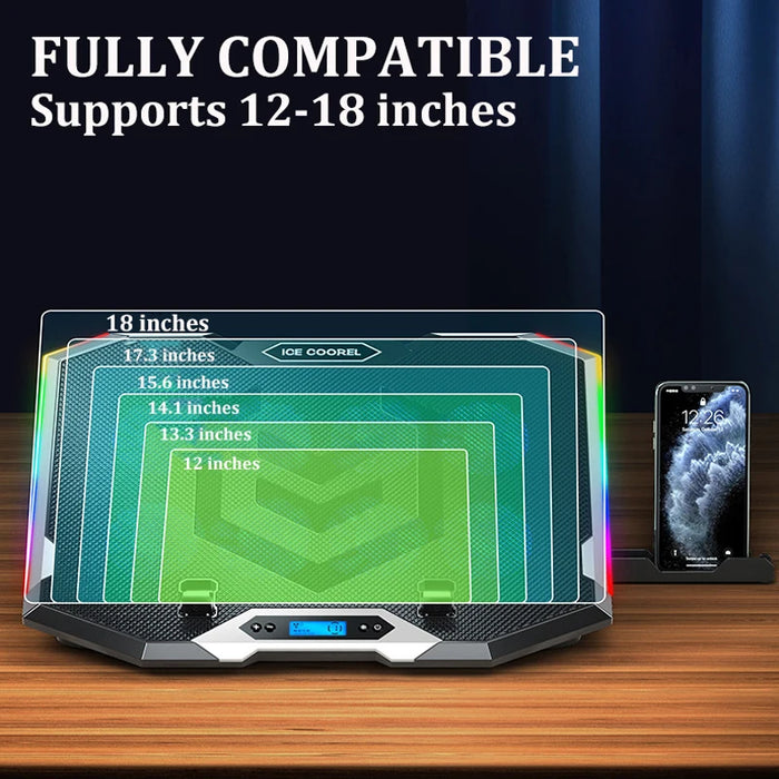 RGB Laptop Cooling Pad for 12–18 inch Laptops — 8 Fans, 3500 RPM, LCD Speed Control, 2 USB Ports