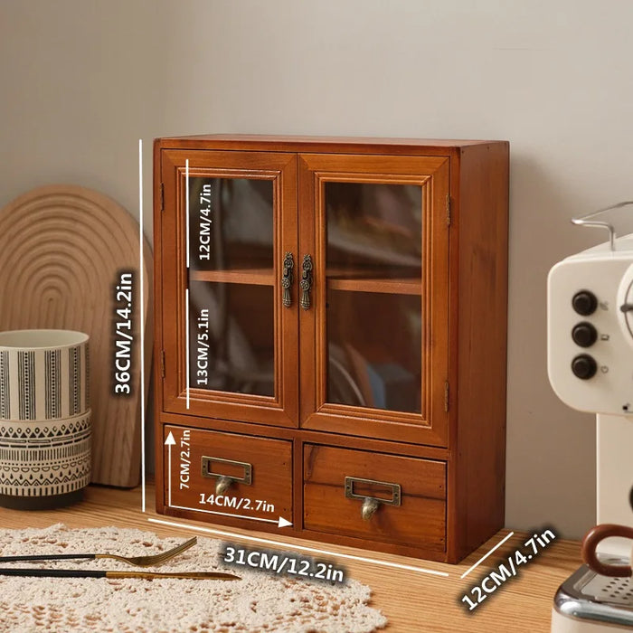 Nordic Solid Wood Retro Double-Door Display Cabinet — Desktop Storage for Cosmetics & Sundries
