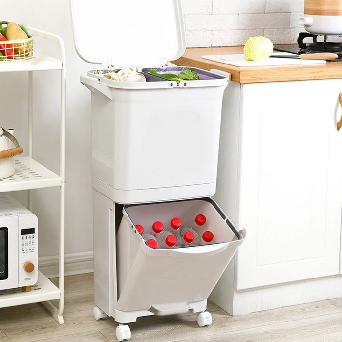 38 L Two-Tier Waste Bin with 4 Casters, White — 42 x 28.2 x 73 cm