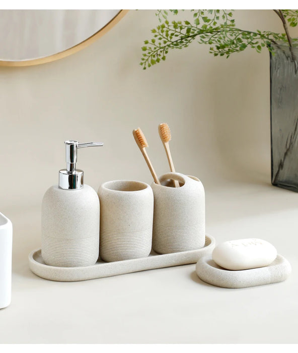 5-Piece Bathroom Accessory Set — Lotion Dispenser, Toothbrush Holder, Tumbler, Soap Dish & Tray (Beige or Grey)