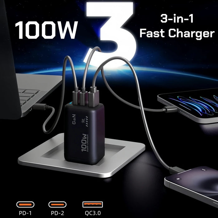 100W GaN USB‑C PD Charger (QC3.0, PPS) – Fast Charge for Laptop, iPad, iPhone 15/16 Pro Max, Samsung