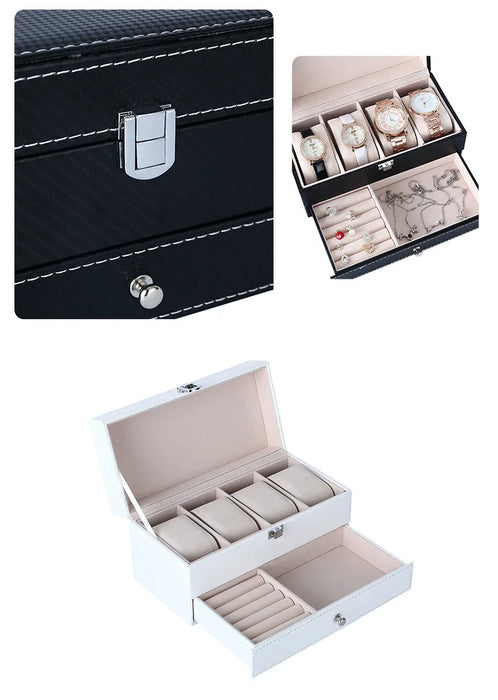 4‑Position Double‑Layer PU Leather Jewellery & Watch Storage Box