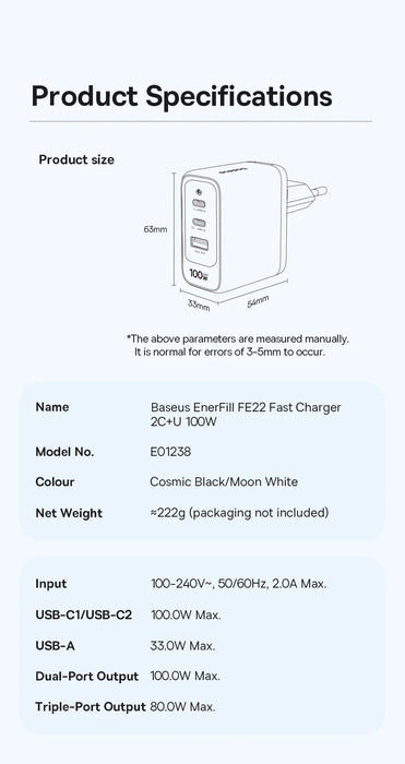 Baseus 100W GaN Fast Charger – 2 USB-C + USB-A, PD/QC/PPS