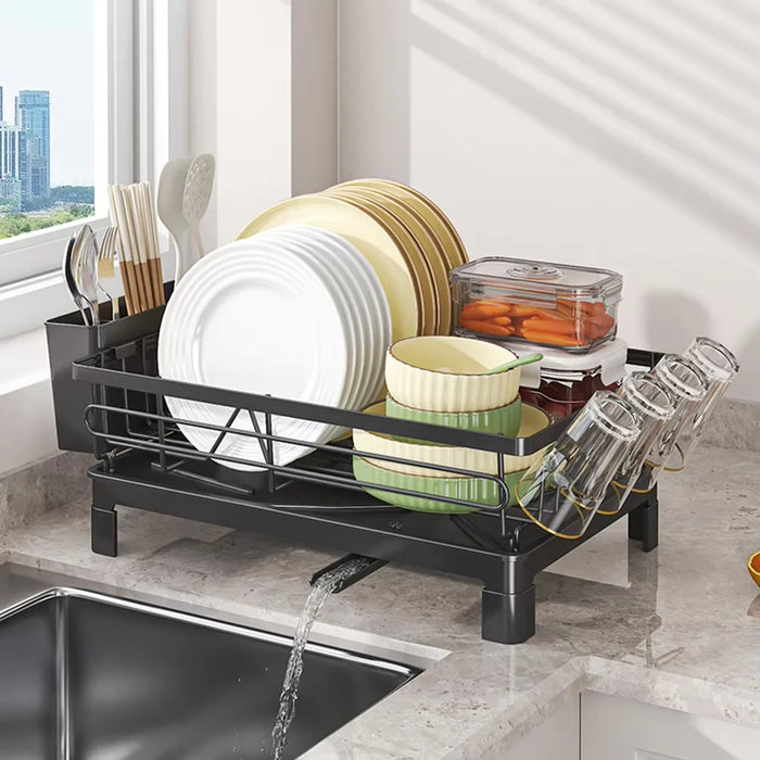 Compact Dish Drying Rack with Cutlery & Cup Holders, Drip Tray — 1-Tier (Black)