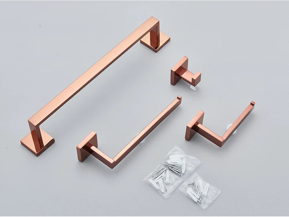 Rose Gold Bathroom Hardware Set — Stainless Steel Towel Rail, Toilet Paper Holder & Hook