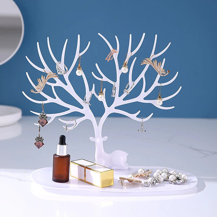 Reindeer Tree Jewellery Stand with Tray — PP Plastic Organiser (Black or White)