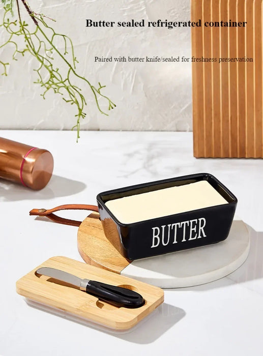 Ceramic Butter & Cheese Storage Box with Bamboo Lid and Knife — 14.8×8.5×6cm