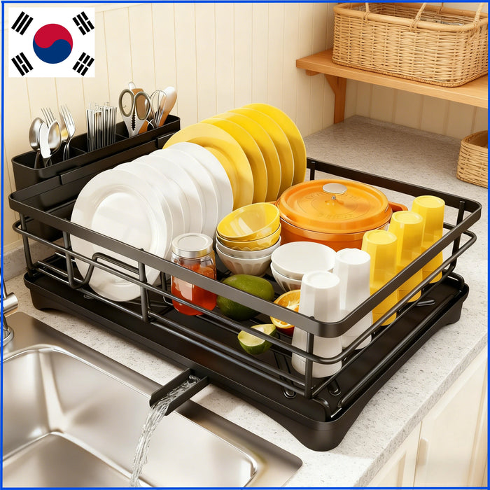 Steel 1-Tier Dish Rack with Angled Drainboard & 3-Slot Cutlery Caddy — Black