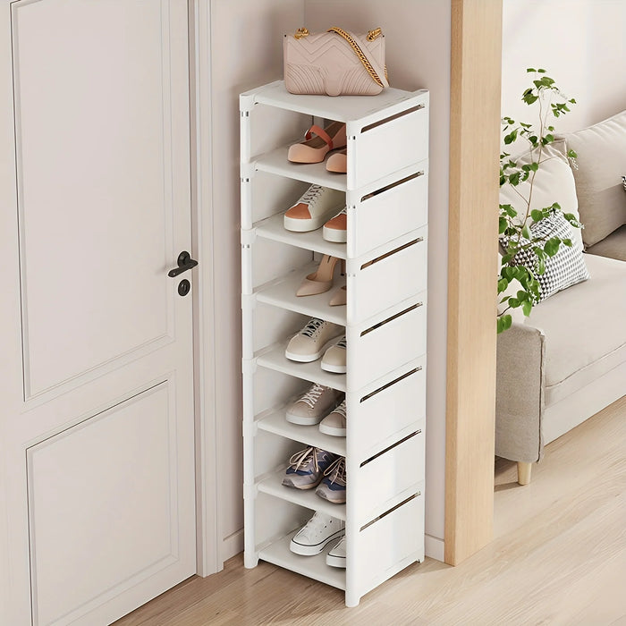 7-Grid Shoe Rack — Metal Tube Frame with Fabric Shelves, Floor Installation, Black or White