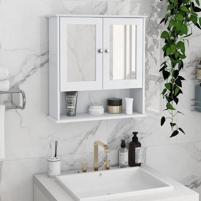 Double‑Door Wall‑Mounted Mirror Cabinet with Open Shelves, 56 x 13 x 58cm, White