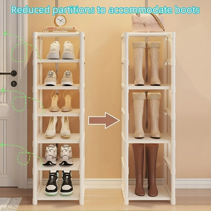 7-Grid Shoe Rack — Metal Tube Frame with Fabric Shelves, Floor Installation, Black or White