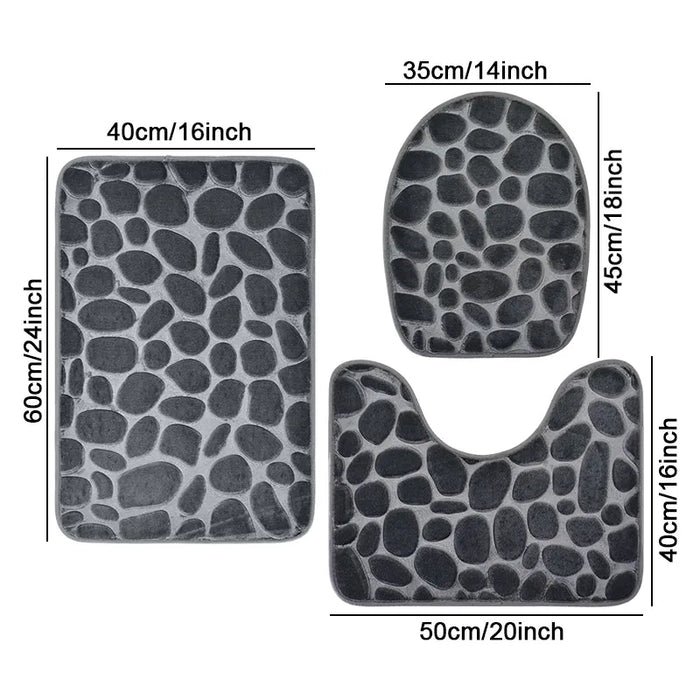 Three‑Piece Stone‑Pattern Microfibre Bathroom Mat Set — Water‑Absorbent & Non‑Slip