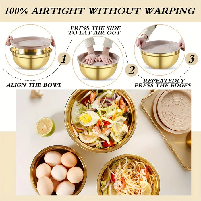 10-piece Gold Stainless Steel Mixing Bowl Set with Lids & Sharpener - Dishwasher-safe