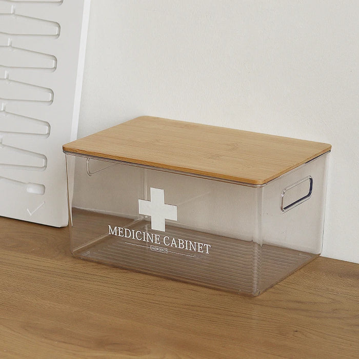 Reusable Plastic Medicine Box with Bamboo-style Cover — Black, Solid-colour