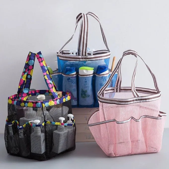 Mesh Shower Caddy Tote – Portable Bathroom & College Organiser, 8-pocket, Oxford Handles, Black