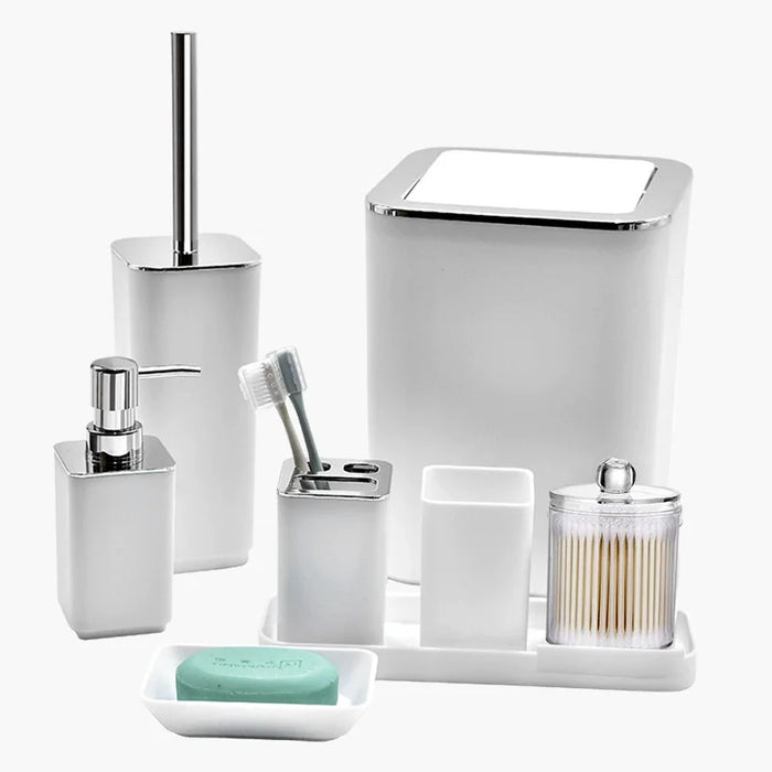 8‑Piece Bathroom Organiser Set — Soap Dispenser, Brush, Trash Can & Cup