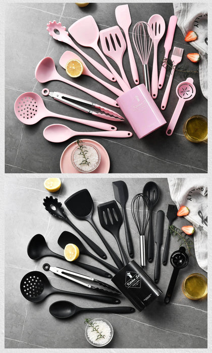 15-Piece Khaki Silicone Kitchen Utensil Set — Food-Grade Cookware Tools