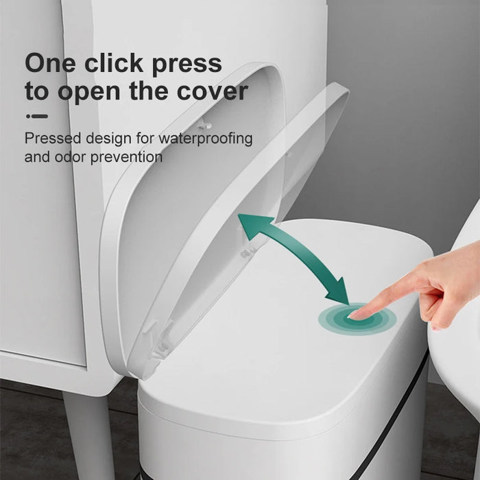 14L Press-Top Waterproof Bathroom Waste Bin — White PP Plastic