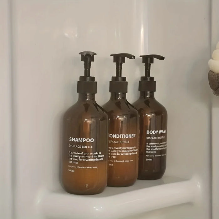 3‑Pack Amber Reusable Shampoo & Body Wash Dispensers with Printed Labels (500ml)