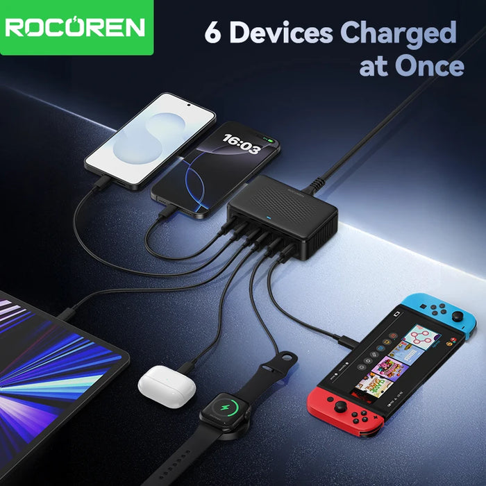 Rocoren 100W GaN 6‑Port Desktop USB Charger – 3x USB‑C & 3x USB‑A
