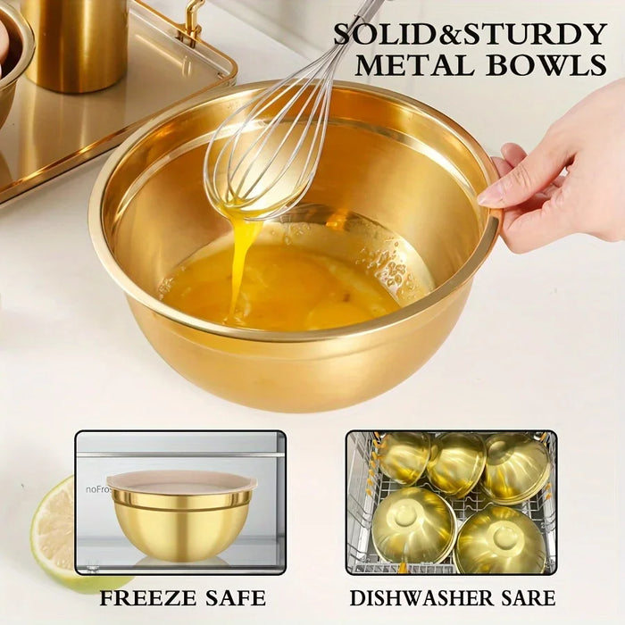 10-piece Gold Stainless Steel Mixing Bowl Set with Lids & Sharpener - Dishwasher-safe