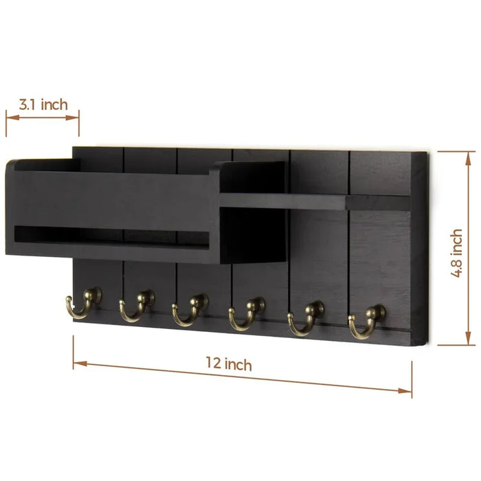 Rustic Wood Key Rack & Mail Organiser — 6 Hooks with Shelf, Wall-Mounted