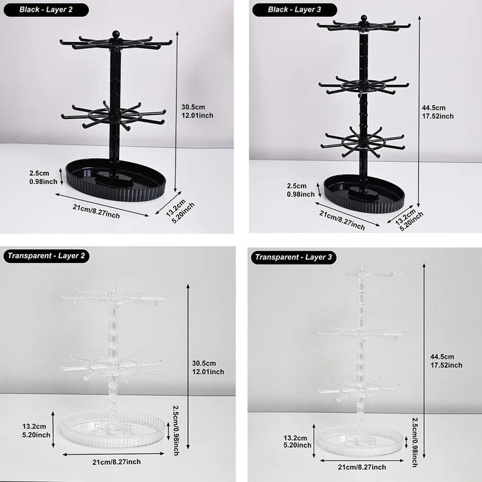Rotatable 2- or 3-Tier Jewellery Display Stand — 16 or 24 Hooks, Black or Transparent