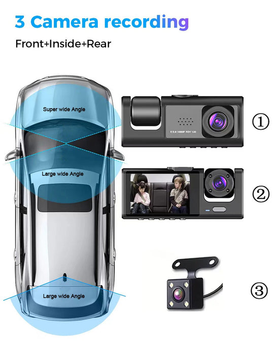 Dashcam 1080p with IR Night Vision, 2" IPS Screen, Loop Recording — 2 or 3 Camera DVR