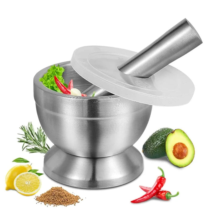 18/8 (304) Stainless Steel Mortar & Pestle Set with Non-Slip Base - Silver