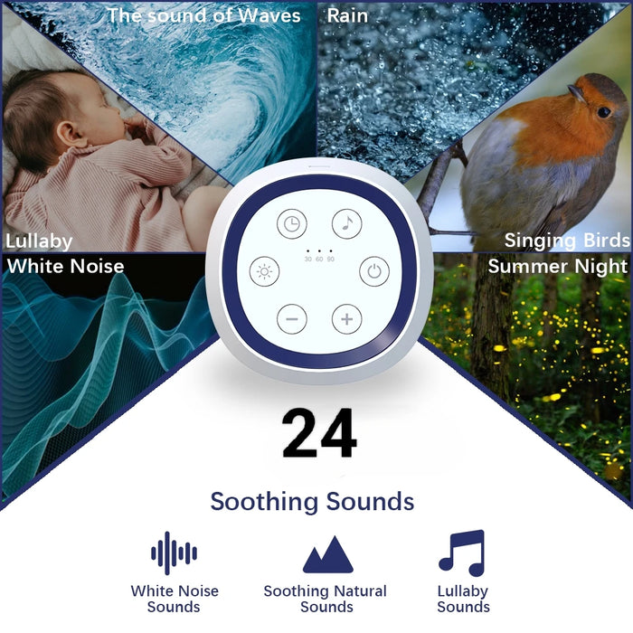 Portable White Noise Machine for Babies — 24 Soothing Sounds, Night Light, Timer, Rechargeable