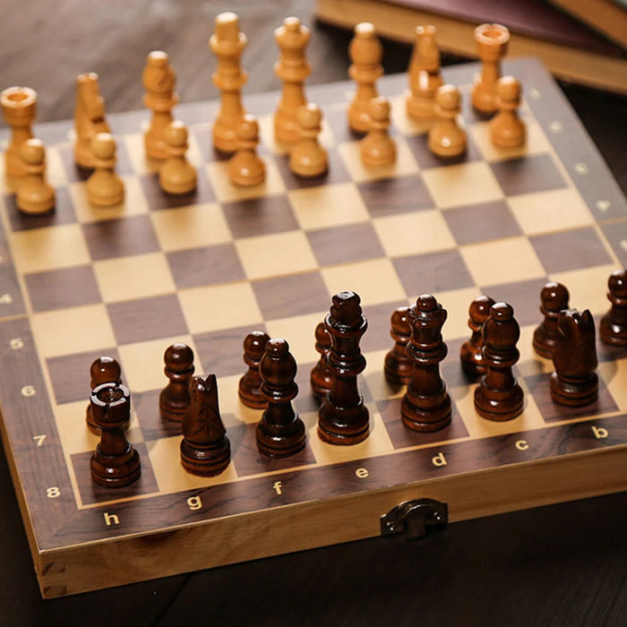 29x29cm Foldable 3‑in‑1 Wooden Chess, Checkers & Backgammon Board