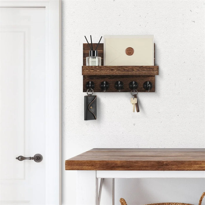 Wall-mounted Wooden Key and Mail Shelf with 5 Hooks