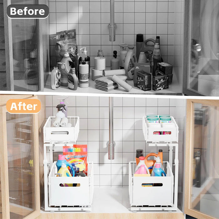 2-Tier Under-Sink Pull-Out Organiser — Adjustable Height Thickened Metal Sliding Drawers (Black or White)