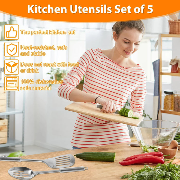 5-Piece Stainless Steel Kitchen Utensil Set — Spoons & Spatula with Ergonomic Handles