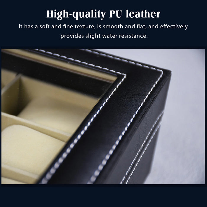 PU Leather Watch Display Box — 10 or 12-Slot Glass-Top Case