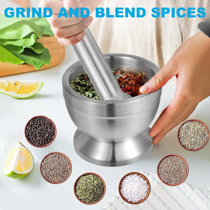 18/8 (304) Stainless Steel Mortar & Pestle Set with Non-Slip Base - Silver