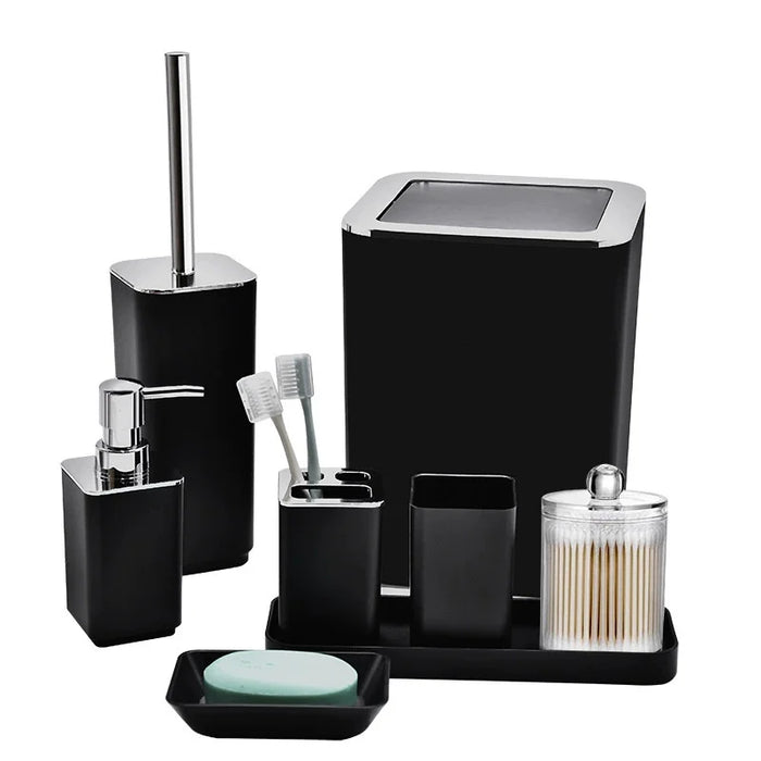 8‑Piece Bathroom Organiser Set — Soap Dispenser, Brush, Trash Can & Cup