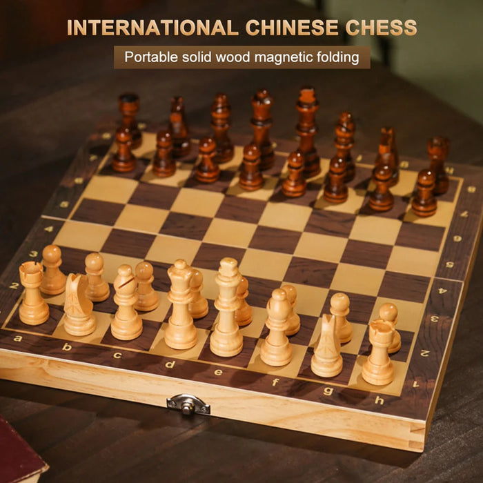 29x29cm Foldable 3‑in‑1 Wooden Chess, Checkers & Backgammon Board