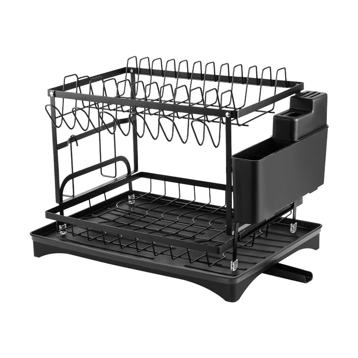 2-Tier Black Carbon Steel Dish Drying Rack with Drip Tray & Utensil Holder