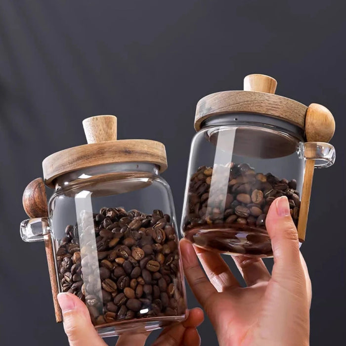 Glass Food Storage Jars with Wooden Lids & Scoop — Airtight Sealed Canisters for Sugar, Coffee, Candy