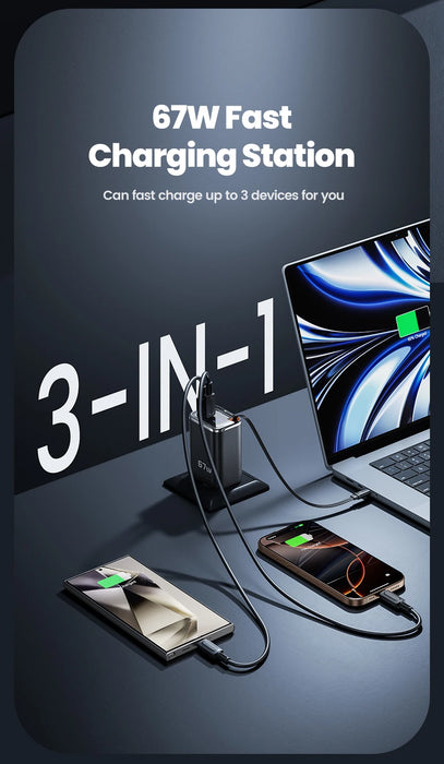 67W GaN Fast Charger with Retractable USB‑C Cable, PD3.0 & PPS, Digital Display (EU Plug) — for iPhone 17/16 & Samsung S25/S24