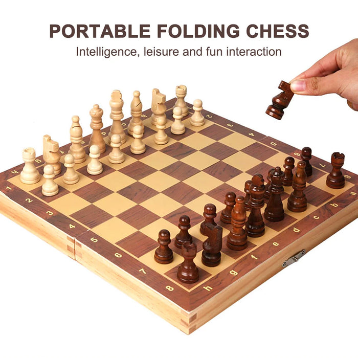 3-in-1 Wooden Chess, Checkers & Backgammon Set — Foldable 29 x 29cm Board