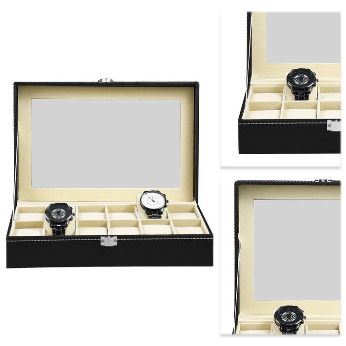 PU Leather Watch Display Box — 10 or 12-Slot Glass-Top Case