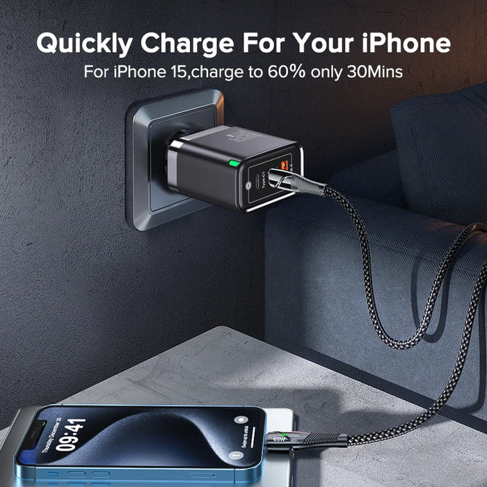 QOOVI 65W GaN 3‑Port Charger – USB‑C PD & Quick Charge 4.0, 2x USB‑C + USB‑A