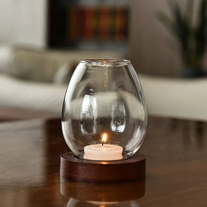European Clear Glass Candle Holder with Wooden Base | Warm Ambient Lighting
