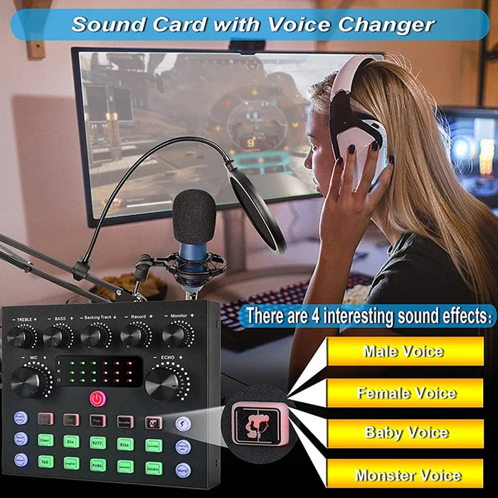 V8S Live Sound Card Podcast Bundle with Condenser Microphone and Boom Arm