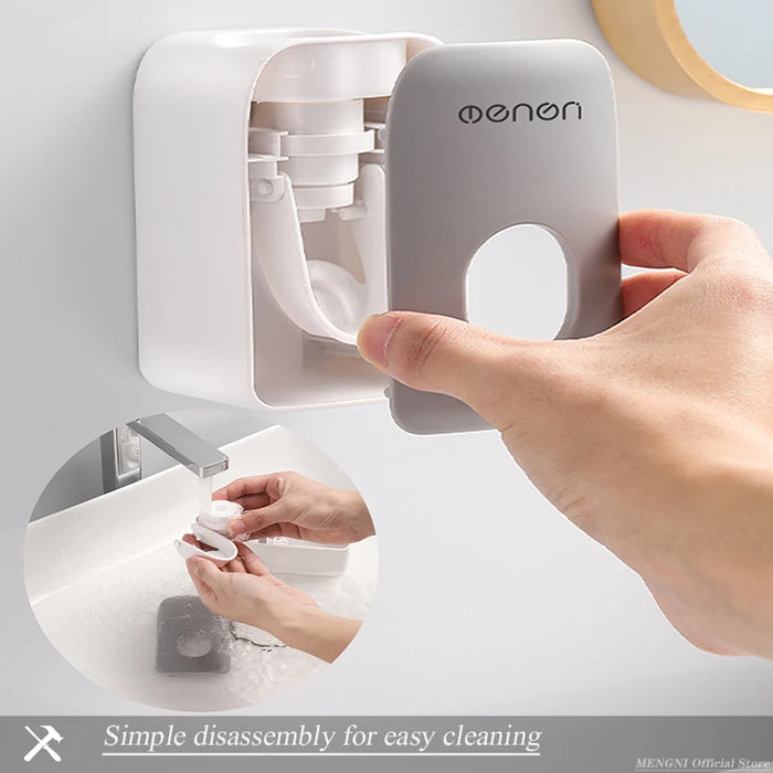 Automatic Toothpaste Dispenser & Dust‑Proof Toothbrush Holder — Wall‑Mount Squeezer Bathroom Set